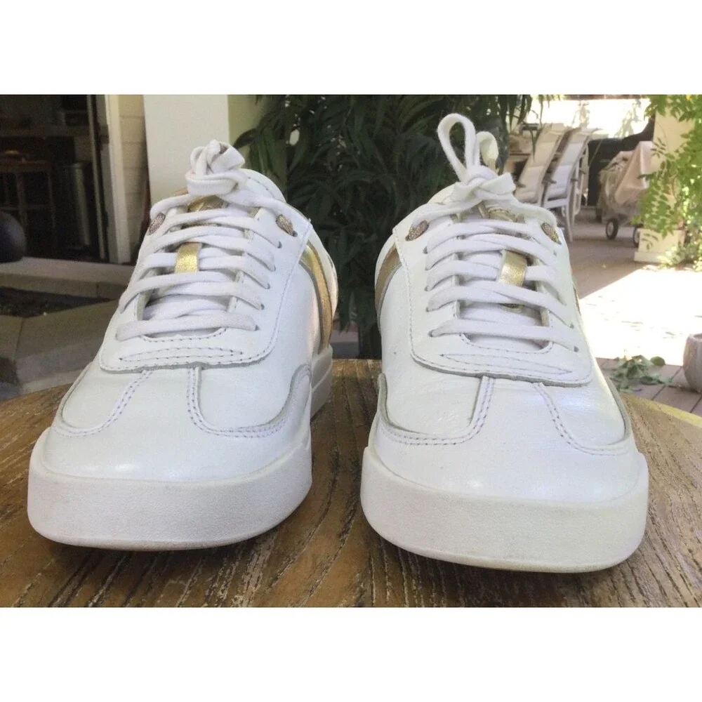 Olukai Ha'upu US 7 Full Grain Leather Sneaker Tennis Shoe Slide White Gold EU 37